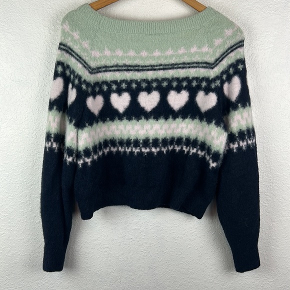 Victorias Secret Fluffy Fair Isle Mint and Navy Heart Sweater - Picture 7 of 7